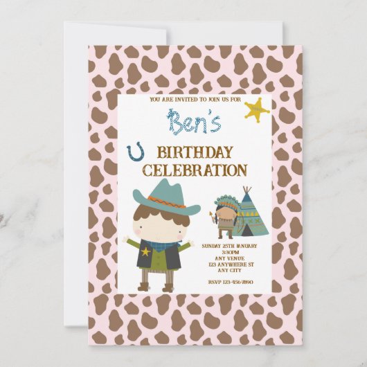 Cute Cow print Cowboy Birthday 招待状 (正面)