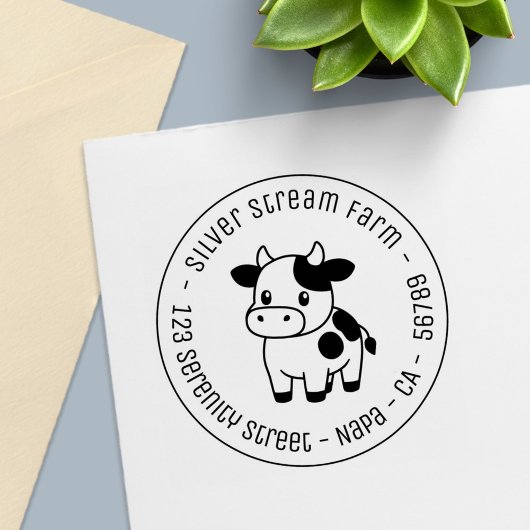 Cute Cow Round Business Address セルフインキングスタンプ