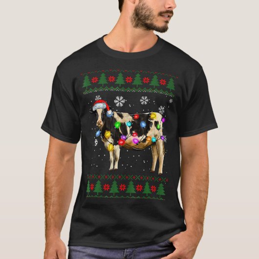 Cute Cow Santa Christmas Lights Ugly Xmas Sweater  Tシャツ (正面)