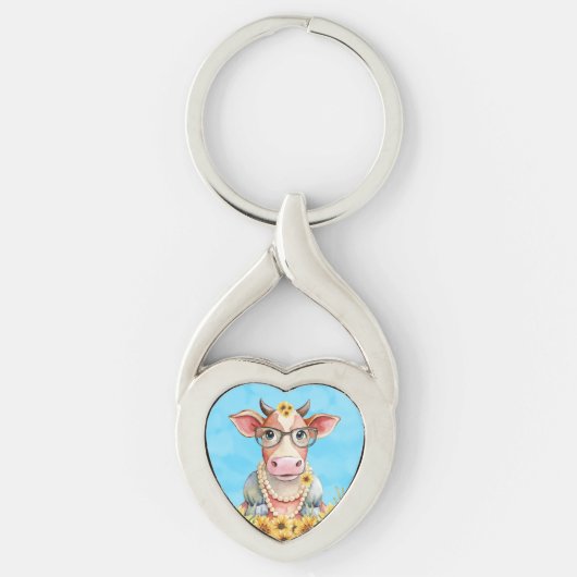 Cute Cow Sunflowers キーホルダー (正面)