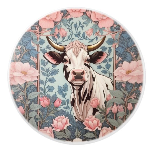 Cute Cow with Pink Floral Background セラミックノブ (正面)