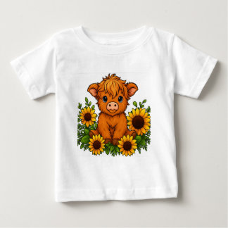 Cute Cow with Sunflowers ベビーTシャツ