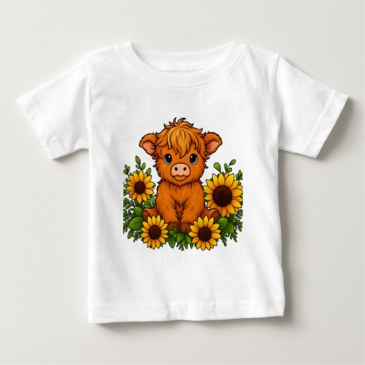 Cute Cow with Sunflowers ベビーTシャツ (正面)