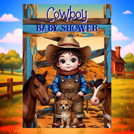 Cute Cowboy Boy Baby Shower Horse Cow dog 招待状