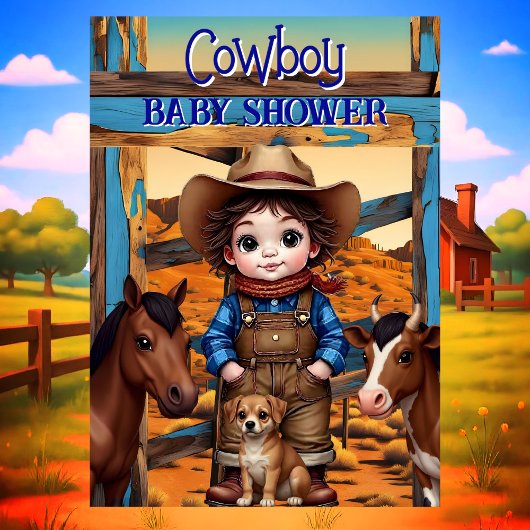 Cute Cowboy Boy Baby Shower Horse Cow dog 招待状