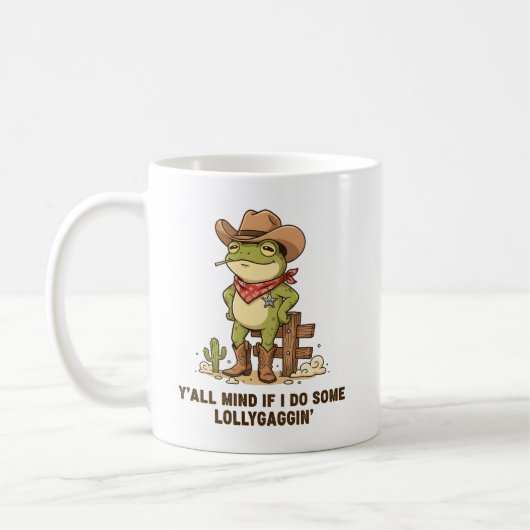 Cute Cowboy Frog Lollygaggin' Western Frog Humor コーヒーマグカップ (左)