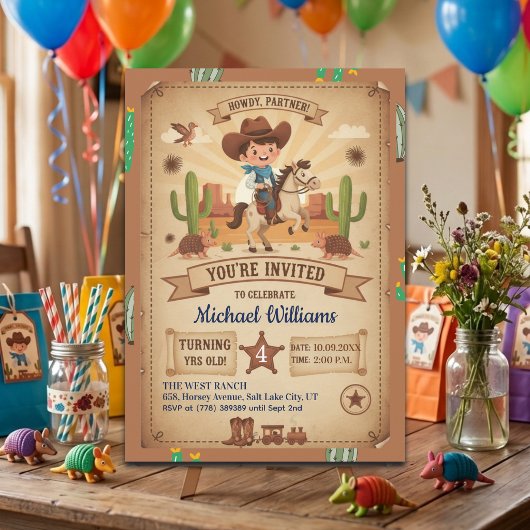 Cute Cowboy with Horse 4th Birthday Party 招待状
