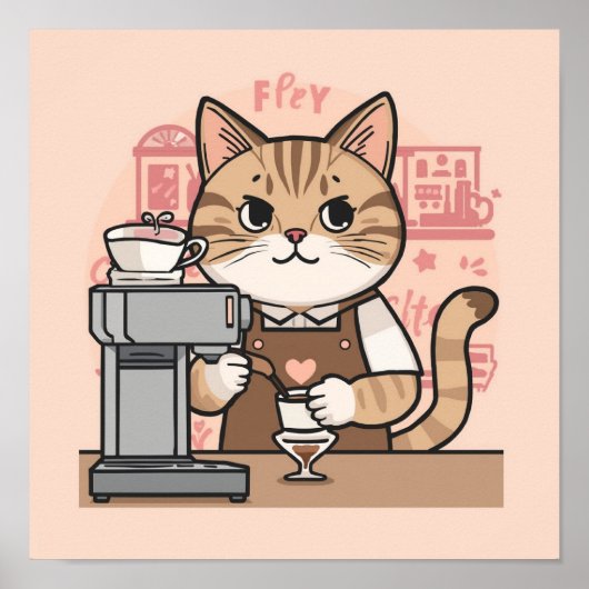 Cute Cozy Cartoon Barista Cat Poster ポスター (正面)