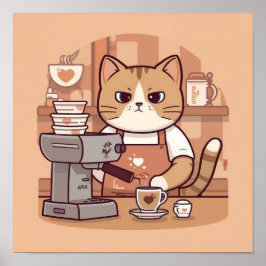 Cute Cozy Cartoon Barista Cat Poster ポスター