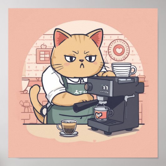 Cute Cozy Cartoon Barista Cat Poster ポスター (正面)