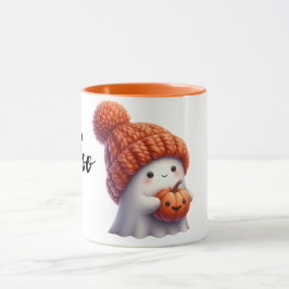 Cute Cozy Ghost in Knitted Hat Holding Pumpkin マグカップ