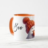 Cute Cozy Ghost in Knitted Hat Holding Pumpkin マグカップ (正面左)