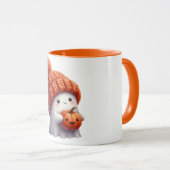 Cute Cozy Ghost in Knitted Hat Holding Pumpkin マグカップ (正面右)