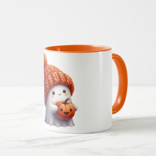 Cute Cozy Ghost in Knitted Hat Holding Pumpkin マグカップ (正面右)