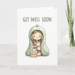 Cute Cozy Girl Under Blanket Get Well Soon カード