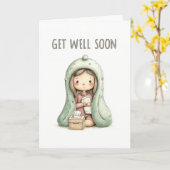 Cute Cozy Girl Under Blanket Get Well Soon カード (黄色い花)