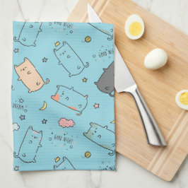 Cute & Cozy Sleepy Cat Dreams Pattern キッチンタオル