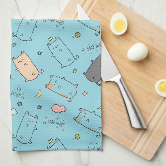 Cute & Cozy Sleepy Cat Dreams Pattern キッチンタオル (四つ折り)
