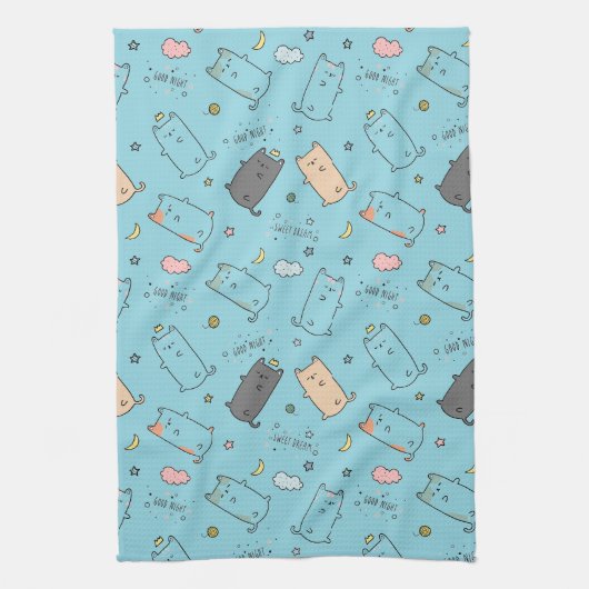Cute & Cozy Sleepy Cat Dreams Pattern キッチンタオル (縦)