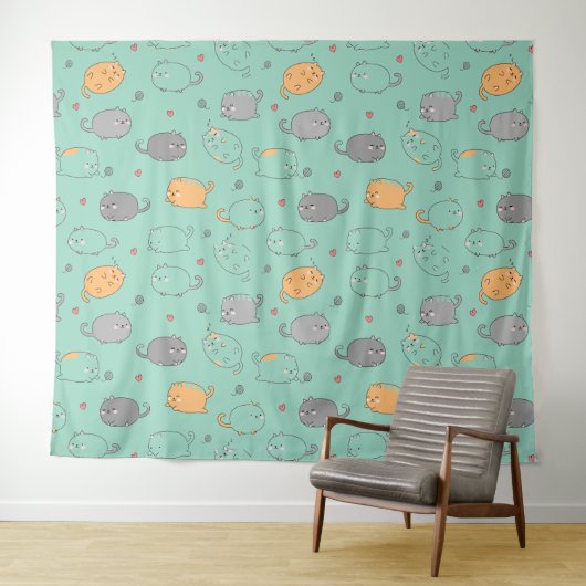 Cute & Cozy Sleepy Cat Dreams Pattern タペストリー (インサイチュ(横))