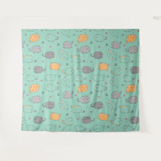 Cute & Cozy Sleepy Cat Dreams Pattern タペストリー (正面(横))