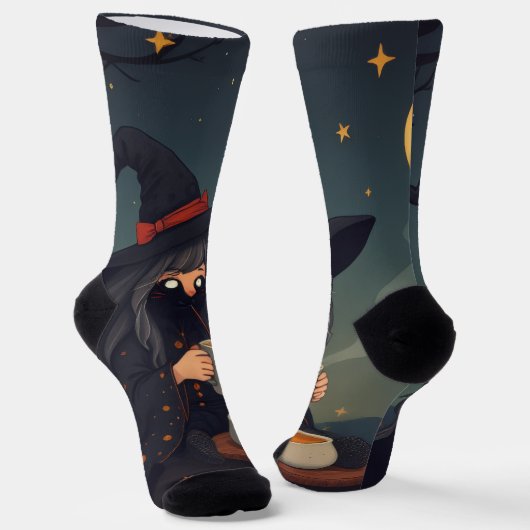Cute Cozy Witch Coffee Socks – Halloween Magic ソックス (傾斜あり)
