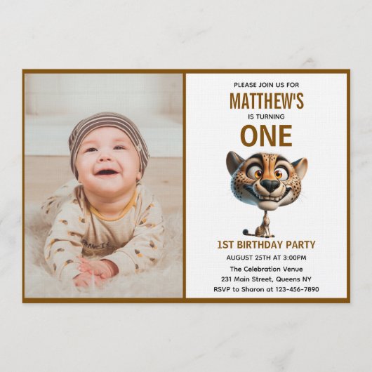 Cute Crazy Cheetah Farm Theme 1st Birthday 招待状 (正面)