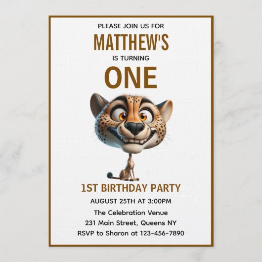 Cute Crazy Cheetah Farm Theme 1st Birthday 招待状 (正面)