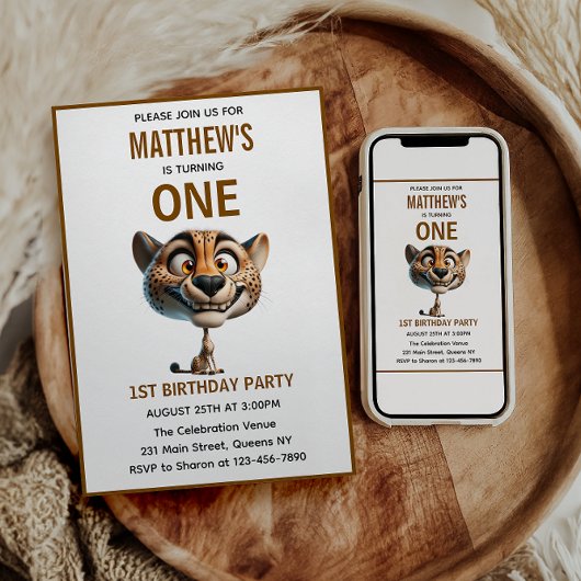 Cute Crazy Cheetah Farm Theme 1st Birthday 招待状