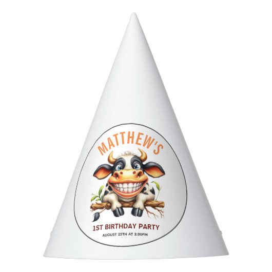 Cute Crazy Cow Farm Theme 1st Birthday パーティーハット (正面)