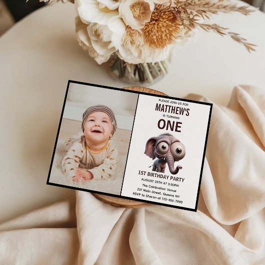 Cute Crazy elephant Farm Theme 1st Birthday 招待状