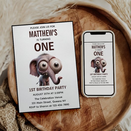 Cute Crazy elephant Farm Theme 1st Birthday 招待状