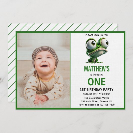 Cute Crazy Frog Farm Theme 1st Birthday 招待状 (正面/裏面)