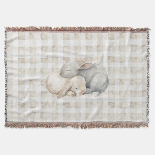 Cute Cream Grey Sleeping Bunnies Plaid スローブランケット (正面)