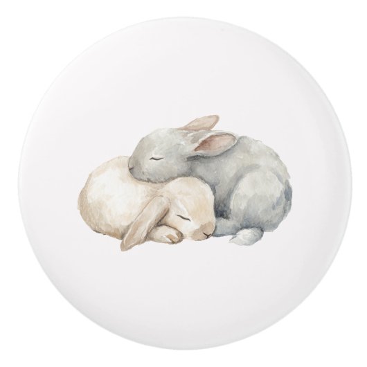 Cute Cream Grey Sleeping Bunnies Plaid セラミックノブ (正面)