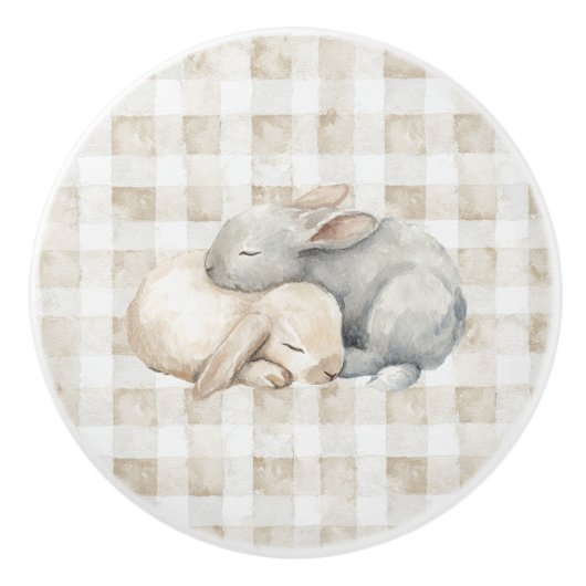 Cute Cream Grey Sleeping Bunnies Plaid セラミックノブ (正面)