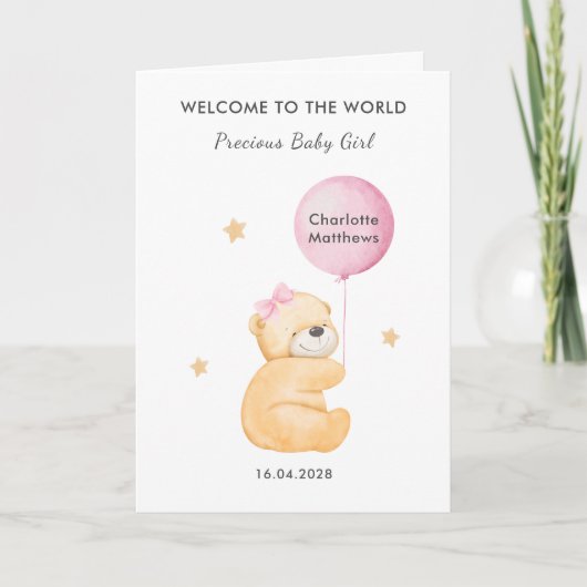 Cute Crimson Balloon Bear Welcome Baby Girl Card カード (正面)