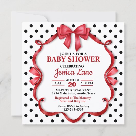 Cute Crimson Bow Baby Shower Invitation 招待状 (正面)