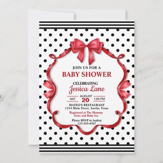 Cute Crimson Bow Baby Shower Invitation 招待状 (正面)