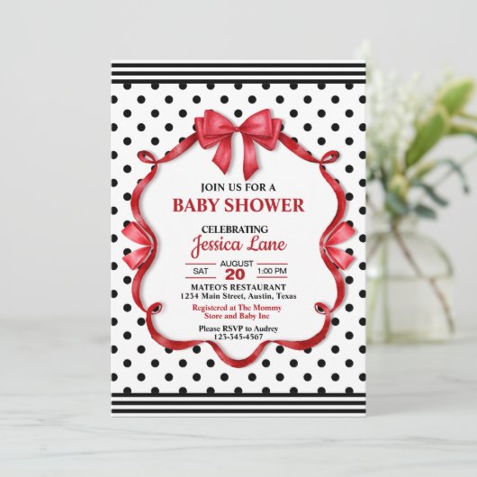 Cute Crimson Bow Baby Shower Invitation 招待状 (スタンド正面)