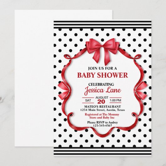 Cute Crimson Bow Baby Shower Invitation 招待状 (正面/裏面)