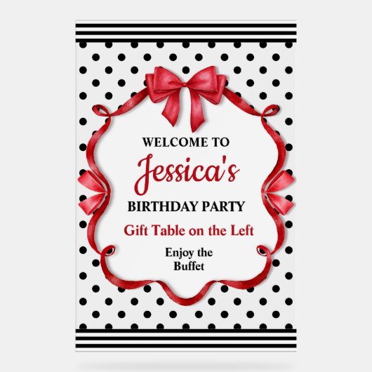 Cute Crimson Bow Birthday アクリルサイン (正面)