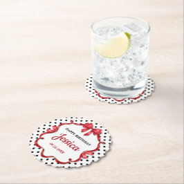 Cute Crimson Bow Birthday ペーパーコースター