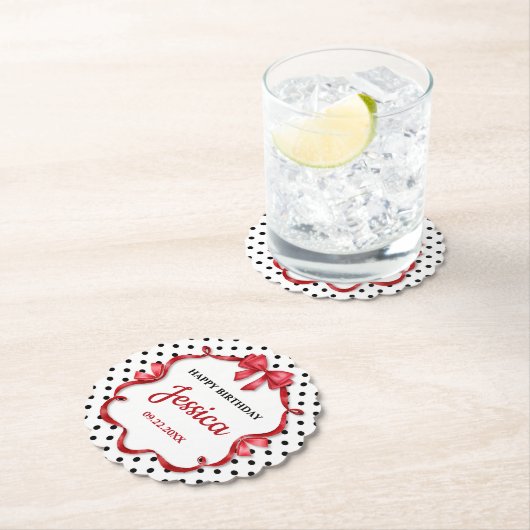 Cute Crimson Bow Birthday ペーパーコースター (インサイチュ)