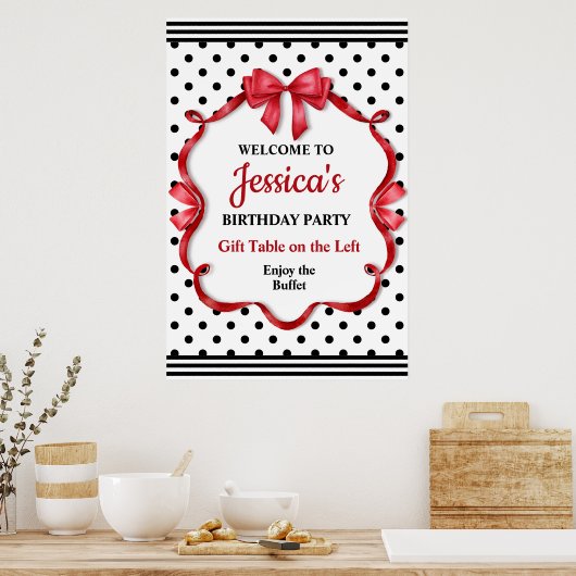 Cute Crimson Bow Birthday ポスター (キッチン)