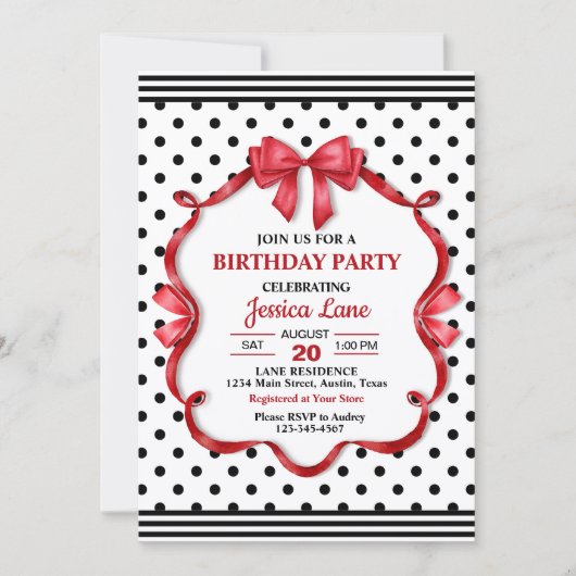 Cute Crimson Bow Birthday Invitation 招待状 (正面)