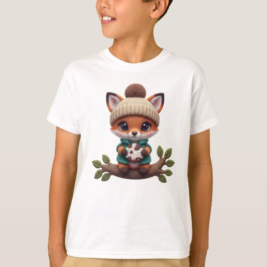 Cute Crochet Autumn Fox with Cookie – Fall Art Tシャツ (正面)