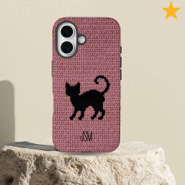 Cute Crochet Black Cat Custom Initials Monogram iPhone 16ケース