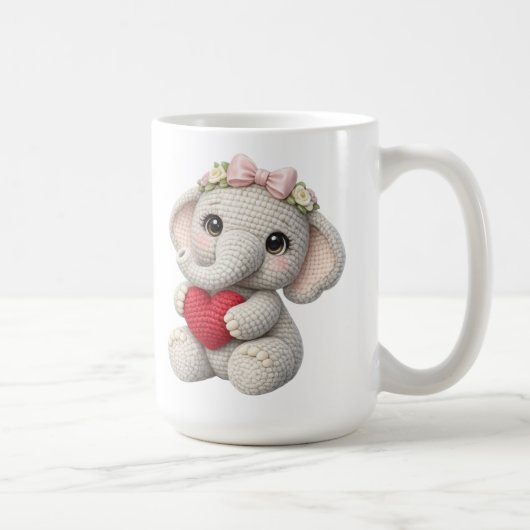 Cute Crochet Elephant Holding Heart Amigurumi Art コーヒーマグカップ (右)