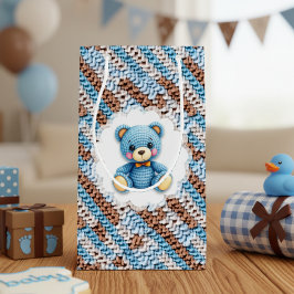 Cute Crochet Teddy Bear Blue and Brown スモールペーパーバッグ